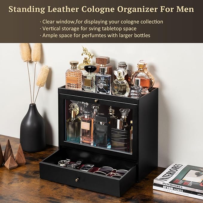 Emfogo Cologne Organizer, Leather Perfumes Organizer for Dresser, Large Capacity Dustproof Cologne Holder with Drawer Storage Perfume Stand Organizer, Ideal Gift for Loved ones
