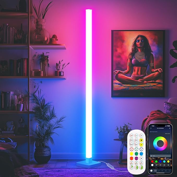 Flupuro ICRGB Corner Floor Lamp, DIY Floor Lamp with Music Sync and 16 Million Colors, Color Changing Standing Floor LED Lights for Bedroom Living Room Decor, Ambient Mood Lighting Gaming Accessories