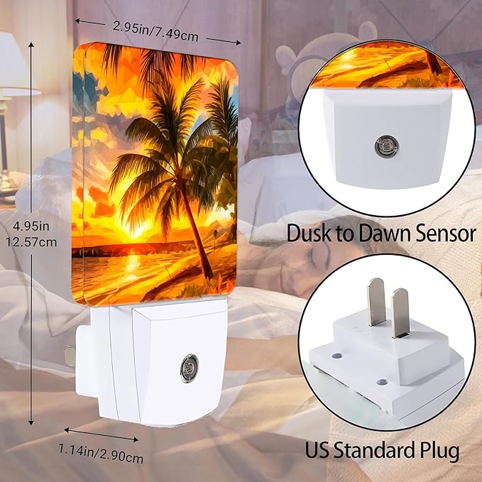 Sunset Seashore Night Light, Palm Trees Night Lights Plug into Wall Decor for Bedroom,Bathroom,Hallway,Kitchen,Dusk to Dawn Sensor Nightlights for Boys Girls Women Men Room Gifts