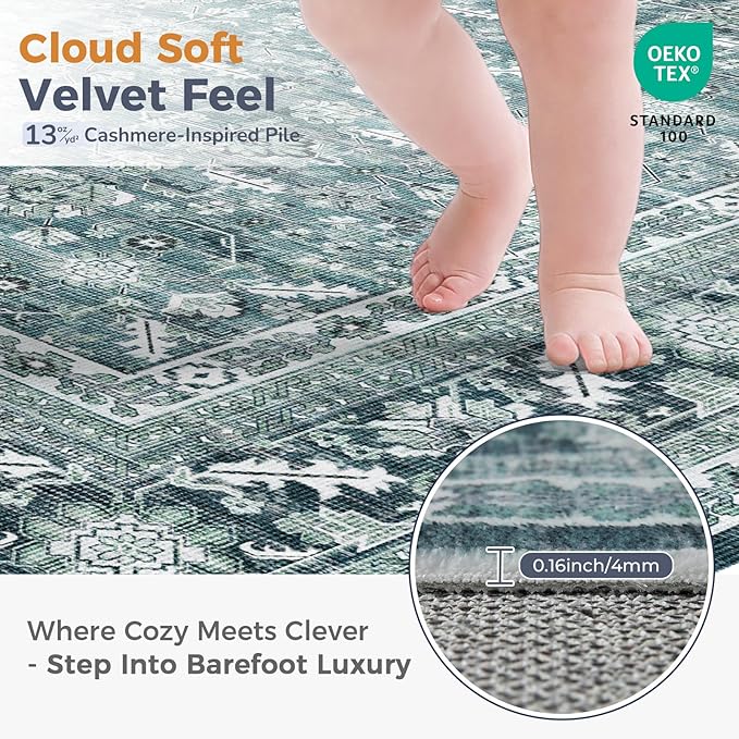 OPPODREAM Vintage Teal Area Rugs 3x5, 3 x 5 Retro Washable Rug Non Slip, Low-Pile Faux Wool Carpet, Distressed Floor Mat for Living Room, Bedroom, Kitchen, Office, Dorm, Dinning Room