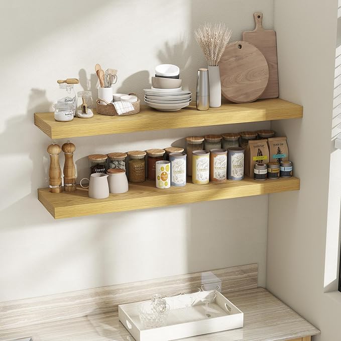 Fun Memories 12 Inch Deep Floating Shelves, 48 x 12 Floating Shelves for Wall Set of 2, Extra Deeper Hanging Wood Wall Shelves for Bedroom, Living Room, Kitchen, Oak