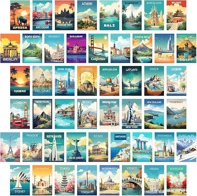 KBKBART Vintage Travel Decor Posters, 50 Pcs Retro Wall Art Prints, Trendy Travel Poster Aesthetic Pictures, Around The World Mini City Landscape Photo Wall Collage Kit 4"x6" for Teen Dorm Bedroom Decor