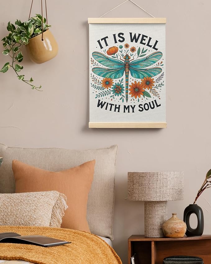 FGFK Floral Dragonfly Christian Wall Art Poster Hanger Frame, It Is Well with My Soul Bible Verse Religious Canvas Prints Framed Wall Decor for Home Bedroom Office Church, 12x16 Inch