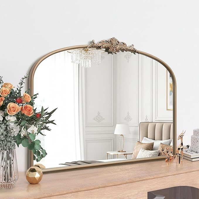 Besdomus Arched Vintage Gold Mirror: 40"x29" French Large Champagne Gold Antique Wall Mounted Mirror - Baroque Traditional Ornate for Fireplace/Bathroom/Living Room - Home Decor for Fashion-Conscious
