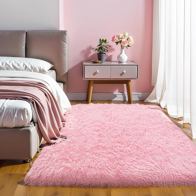 KICHOWUA Thick Area Rug 5x7 Pink Fluffy Shag – Ultra Soft Plush Fuzzy Washable Thickened Non-Slip Fuzzy Carpet for Girls Bedroom Living Room, Modern Furry Shaggy Rug for Kids Nursery Boys Dorm Room