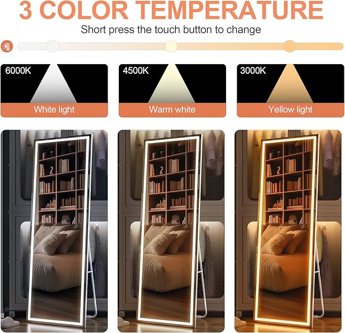 Full Length Mirror with Lights, 56" x 16" LED Lighted Floor Standing Body Mirror, Dimmable & 3 Color Lighting for Bedroom, Cloakroom, Dressing Room, Tempered Glass, Square White
