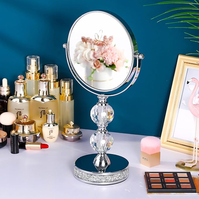 Hanjue Makeup Mirror, 360 Degree Swivel Vanity Mirror, Crystal Cosmetic Mirror, 1X/5X Magnifying Double Sided Mirror,Adjustable Makeup Mirror M020