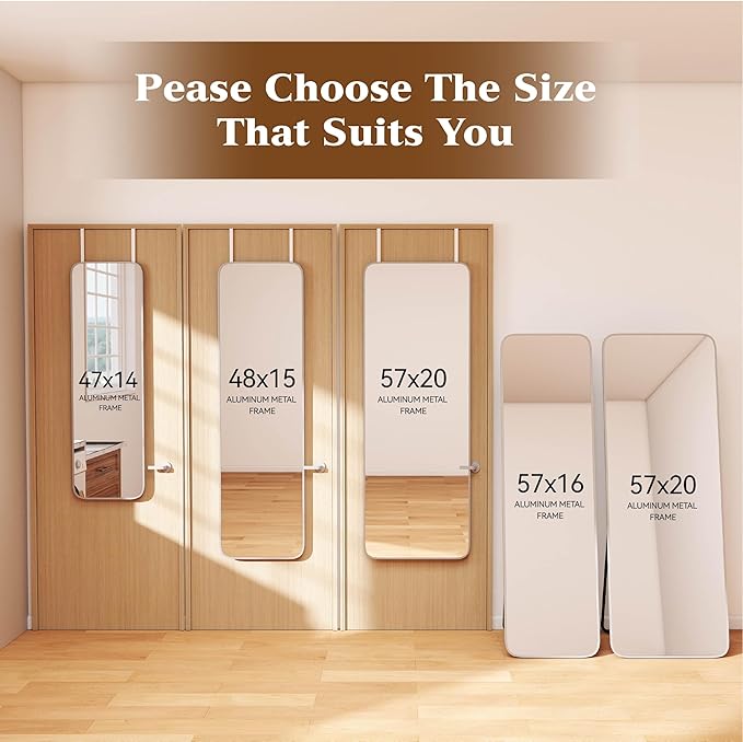 NARCISSUS 57x20 Mirror Door Hanging Full Length Body with Floor Stand or Wall Mounted Metal Aluminum Frame Tempered Glass Rectangle Mirrors for Bedroom Dressing Living Room Bathroom 57 inch Silver