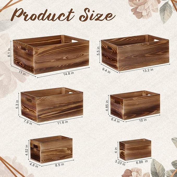 AceOrbit Set of 6 Wood Crates with Handles, Rustic Decorative Storage Boxes Distressed Wooden Nesting Display Baskets for Farmhouse, Wedding, Party Storage Display Supplies(Light Brown)