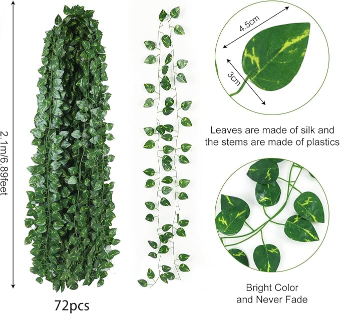 CEWOR 72 Pack 474ft Fake Vines with Leaves for Bedroom Decoration, Ivy Garland Fake Ivy Leaves Artificial Greenery Garlands Hanging Vines for Room Decor Wedding Wall Indoor Outdoor