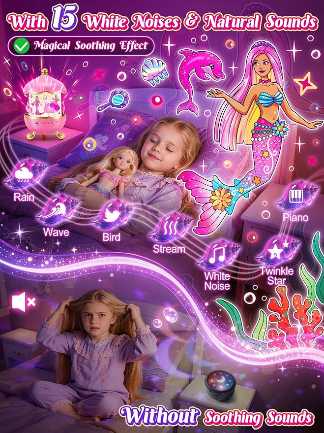 Princess Projector Toy, 【18 Films+15 White Noises】Princess Toys Sound Machine Baby, 360° Rotating Girls Night Light Birthday Gifts, Early Educational Princess Toys for Girl 4-6, Mermaid Toys for Girls