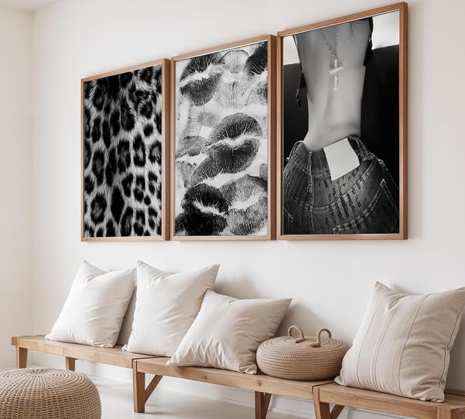 Set of 3 Fashion Chic Wall Art Kiss Lips Poster Leopard Picture Wall Decor Trendy Y2k Print Black and White Aesthetic Girly Room Decor for Bedroom Living Room Dorm Home Decoration Unframed 12"x16"