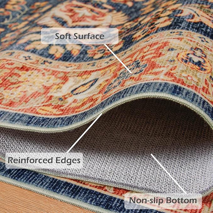 Goideal Washable Rug 8x10, Vintage Area Rugs Non Slip, Indoor Low Pile Carpet with Rubber Backing for Living Room Kitchen Bathroom Entryway Office Bedroom, Navy Blue & Orange