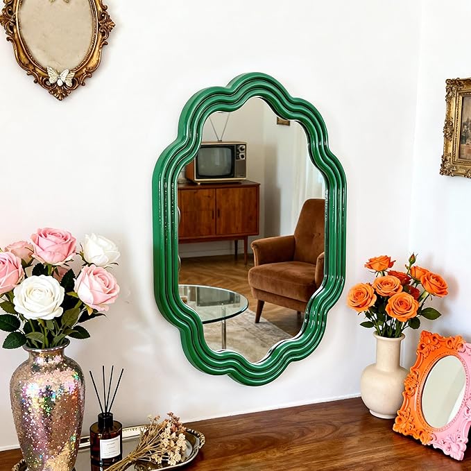 Green Wavy Oval Mirror 16x20 Scalloped Wall Mounted Unique Wooden Frame Modern Mirror for Bedroom Living Room Entryway Hallway