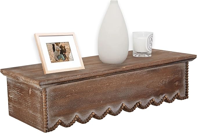 SOFE Wood Scalloped Decorative Wall Shelf, Bedroom Bathroom Kitchen Shelving Wall Mounted Heavy Duty, Farmhouse Floating Storage Shelves Small Hanging Shelves Display Book Picture Ledge Shelf