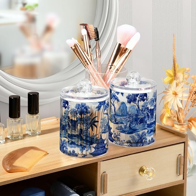 2 Pack Apothecary Jars Blue Chinoiserie Pagodas Trees Bathroom Vanity Storage Organizer Set,Small Clear Plastic Storage Jars Bathroom Canister for Cotton Swabs, Rounds, Balls, Qtips,Makeup Spon