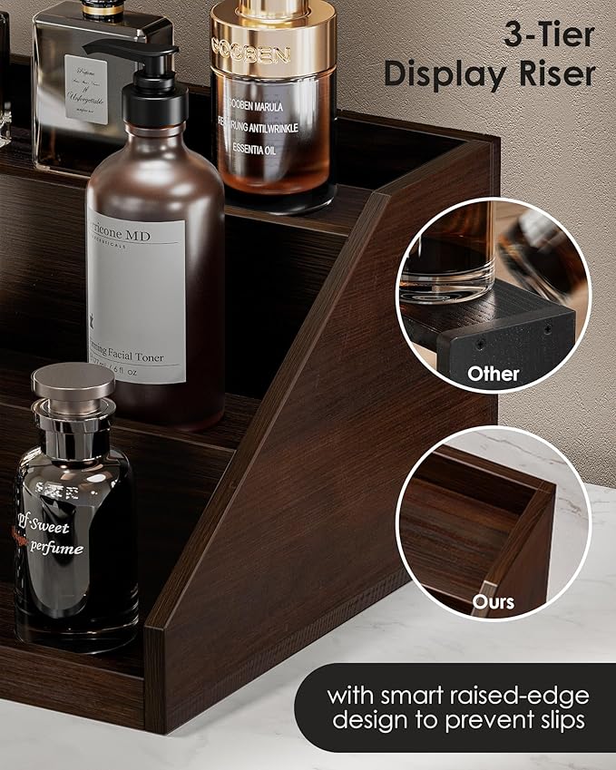 ProCase Wooden Cologne Organizer for Men, 3-Tier Elevated Wood Perfume Storage Display Shelf with Drawers, Dresser Storage Stand Riser for Fragrance Skin Care, Gift for Boys Men Dad Husband -Brown
