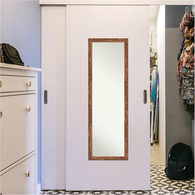 Amanti Art Brown Full Length Mirror for Door, 51x17 Fresco Light Pecan Tall Wall Mirror Full Length, Mounted to Door or Closet Wall with no Visible Brackets, Country Rustic Wood Frame, Bedroom Decor