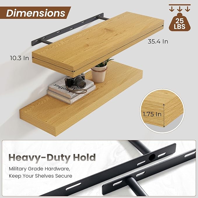 Heimlove 36 Inch Floating Shelves for Wall,Thicker and Deeper Wall Shelves Mounted Storage & Display Wood Shelf,Hanging Shelf for Bedroom Living Room Kitchen Office,Set of 2,Oak