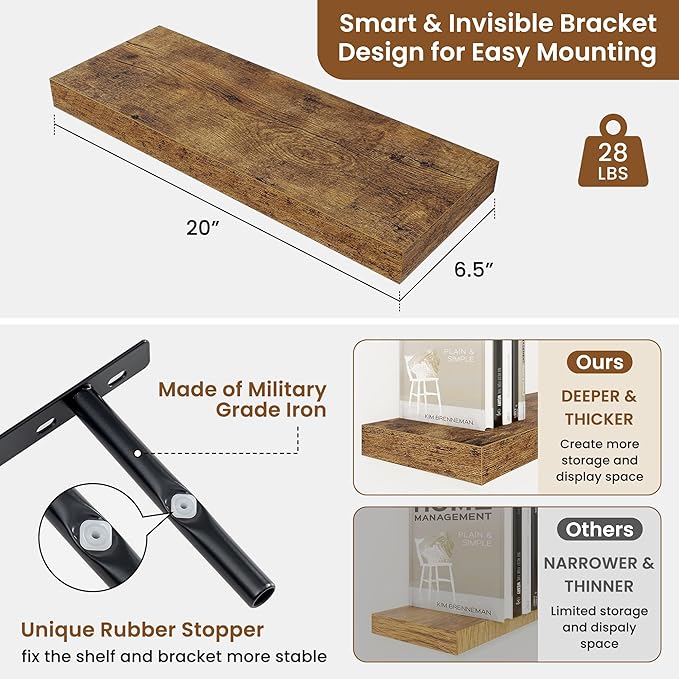 fuqing Floating Shelves for Wall, Wall Mounted Wood Floating Shelf with Invisible Brackets for Living Room, Bathroom, Bedroom, Kitchen Storage and Decor, 20 Inch Set of 2, Rustic Brown