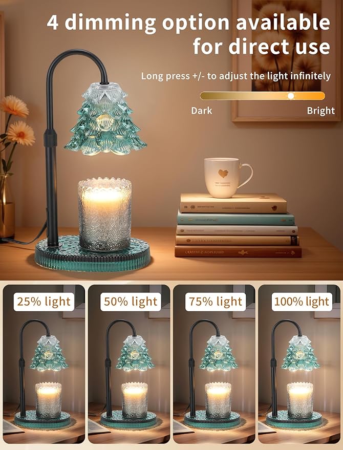 Candle Warmer Lamp with Timer & Dimmer, Crown Glass Lamp Candle Warmer for Jar Candles, 2 Bulbs, Height Adjustable Electric Wax Warmer for Elegant Home Decor (Emerald Pine)
