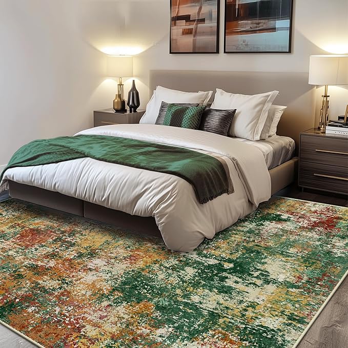 RELEANY Washable Area Rugs 10'x14 Non-Slip Modern Abstract Soft for Living Room Entryway Bedroom Nursery, Print Pattern, Green Orange Rust Red Cream Colorful