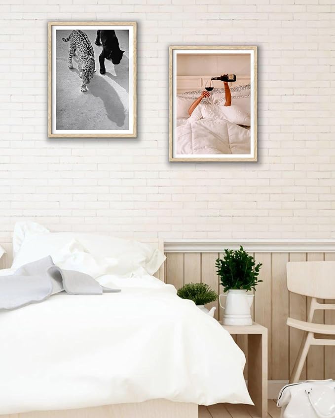 EcoHest Unframed Cheetah and Jaguar Walking Wall Art, 12x16 in OAK Wood Vintage Black and White Funny Bathroom Canvas Art, Fashion 1950s Poster Decor, Beige Logs Set of 1 for Bedroom Living Room