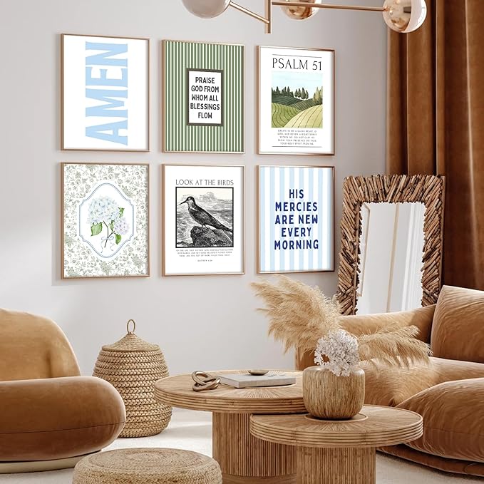 Blue Green Christian Wall Art Decor Bible Verse Canvas Poster Preppy Scripture Pictures Trendy Religious Prints Aesthetic Floral Artwork Painting for Bedroom Living Room 8x10 Inch Unframed Set of 6