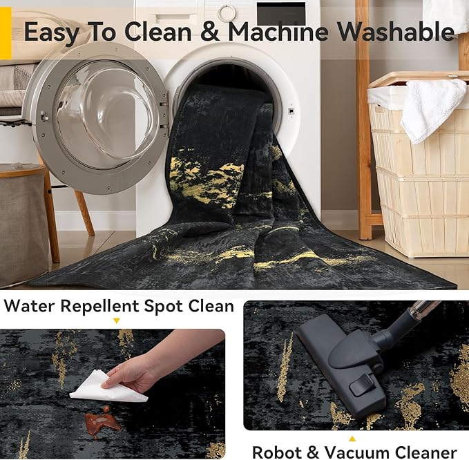 RELEANY Washable Area Rugs 10'x14' Non-Slip Modern Abstract Soft for Living Room Entryway Bedroom Nursery, Print Pattern, Dark Black Gold