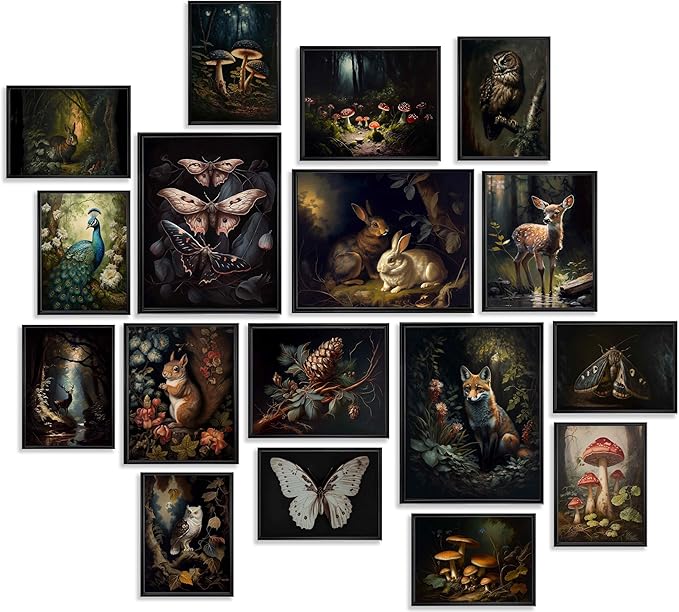 KBKBART Dark Cottagecore Room Decor Aesthetic Set of 17, Cottage Core Wall Decor, Dark Academia Cottagecore Decor Woodland Forest Nature Wall Art Prints, Vintage Mushroom Decor Poster Animal Pictures for Bedroom Dorm Wall Decor- UNFRAMED