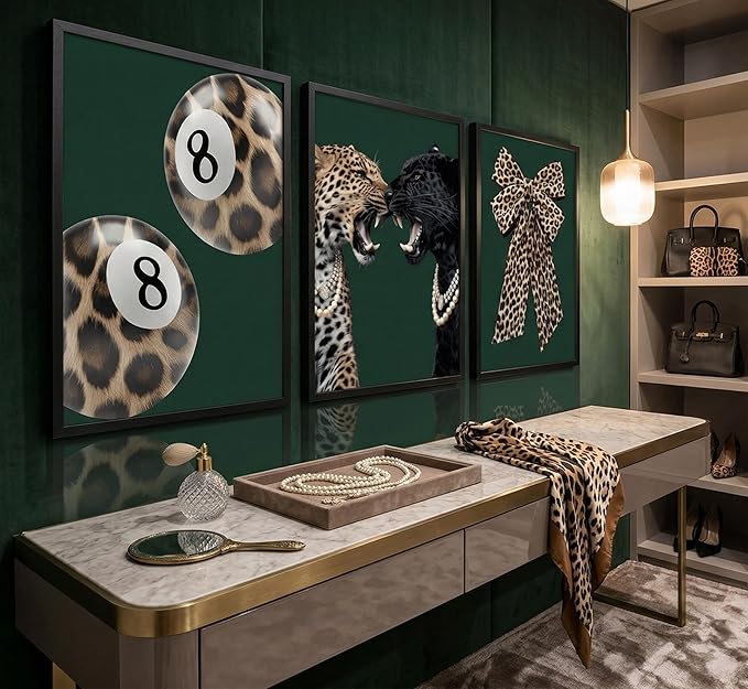 3Pcs Framed Trendy Leopard Canvas Wall Art Funky Lucky 8 Ball Pictures Wall Decor Cheetah Bows Preppy Aesthetic Posters Prints Paintings for Bedroom Dorm Living Bathroom Home Decoration