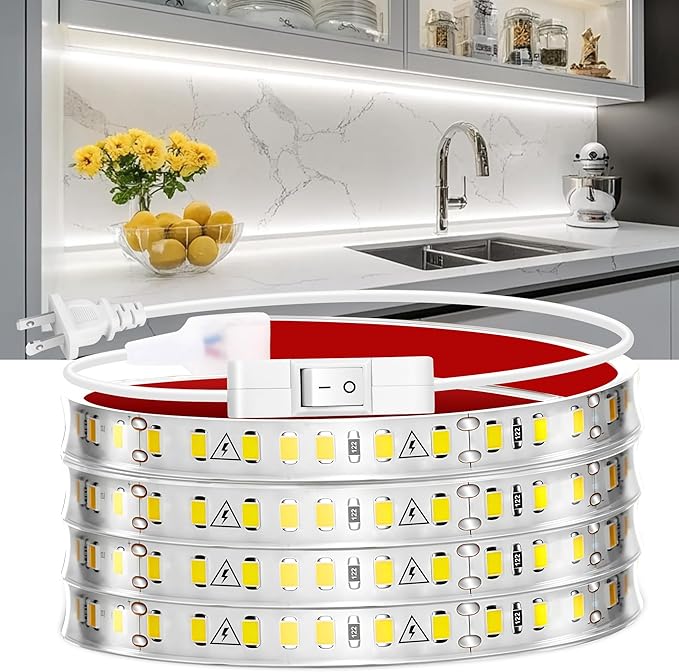 maylit Under Cabinet Strip Lighting Plug in 84in, Ultra Bright Small LED Light Bar, 6000K Cool White, 110V-120V Wired Lights for Kitchen Cabinet, Counter, Workbench, Desk, Closet, Shelf, Indoor