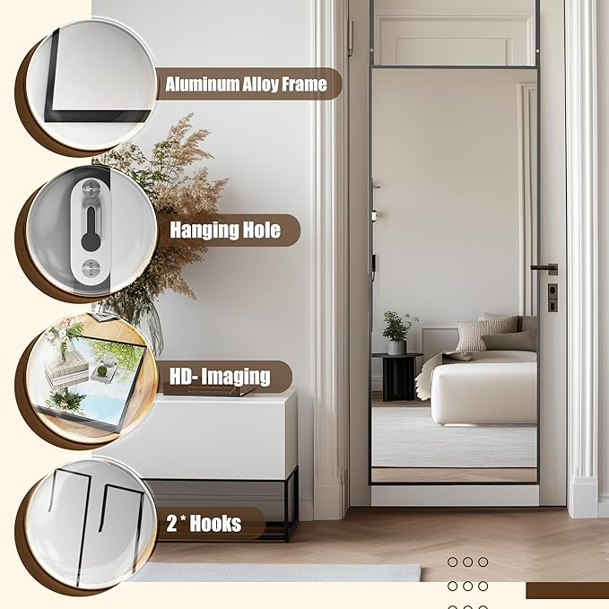 Antok Over The Door Mirror Full Length, 58'' x 21''Wall Mounted Hanging Mirror, Aluminum Alloy Frame, Shatterproof Glass, No Drill Installation for Bedroom, Closet, Bathroom, Dorm, Rect Corner,Black