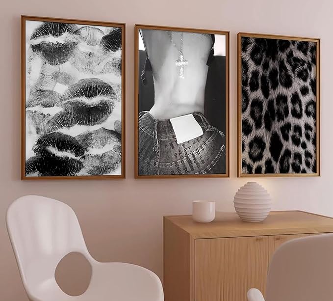 Set of 3 Fashion Chic Wall Art Kiss Lips Poster Leopard Picture Wall Decor Trendy Y2k Print Black and White Aesthetic Girly Room Decor for Bedroom Living Room Dorm Home Decoration Unframed 16"x24"
