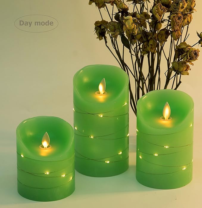 Green LED flameless Candle with Embedded Starlight String, 3 LED Candles, 10-Key Remote Control, 24-Hour Timer Function, Dancing Flame, Real Wax, Battery Powered. (Grass Green)