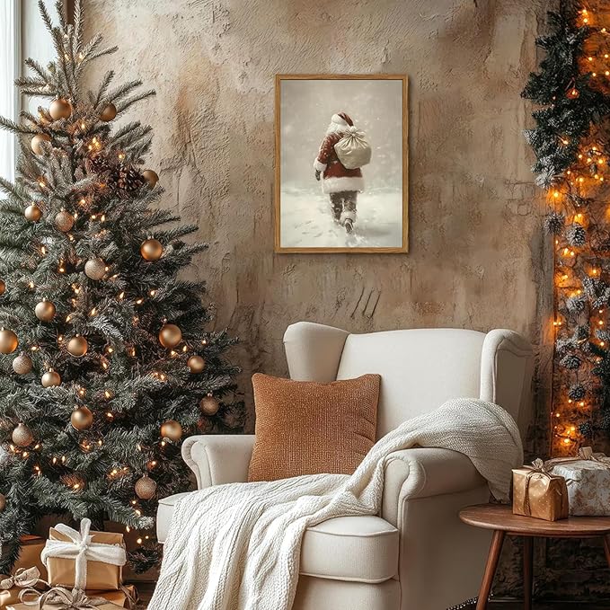Framed Vintage Christmas Canvas Wall Art, Rustic Santa Claus Walking Snowy Wall Decor Paintings, Winter Holiday Aesthetics Pictures Print Christmas Home Decor for Living Room Bedroom 12×16 inch