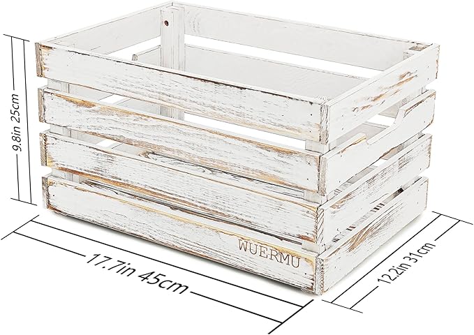 White Wooden Crates are Suitable for Storage, Milk Crates, Wine Crates, Festival Decorations, Camping, and Other Multi-Purpose. They are Sturdy and Durable, set of 2 Length of 17.7 inches.