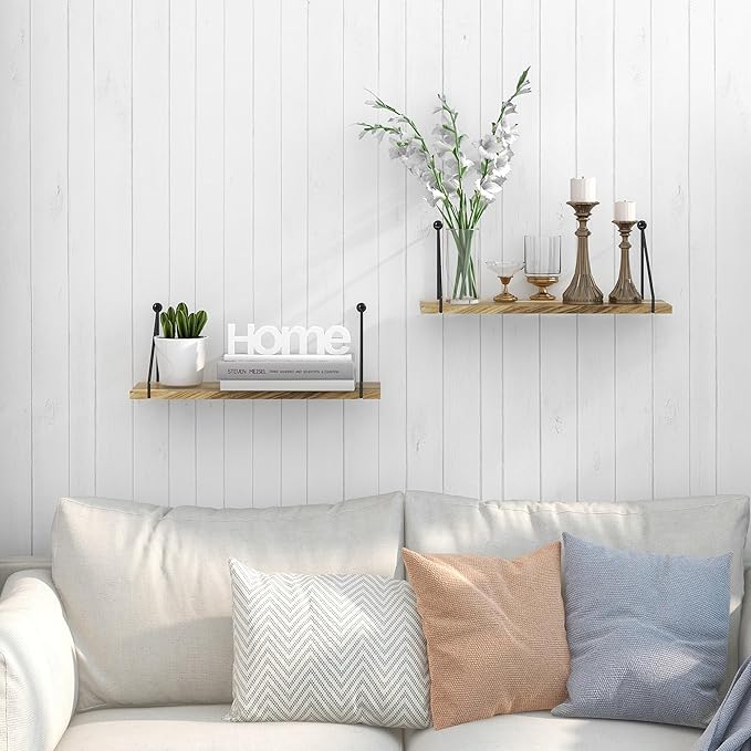 Sapowerntus Floating Shelves Wall Mounted Shelf Rustic Light Wood Bathroom Bedroom Kitchen Hanging Storage Organizer with Triangle Metal Brackets Farmhouse Living Room Office Home Decor Set of 2