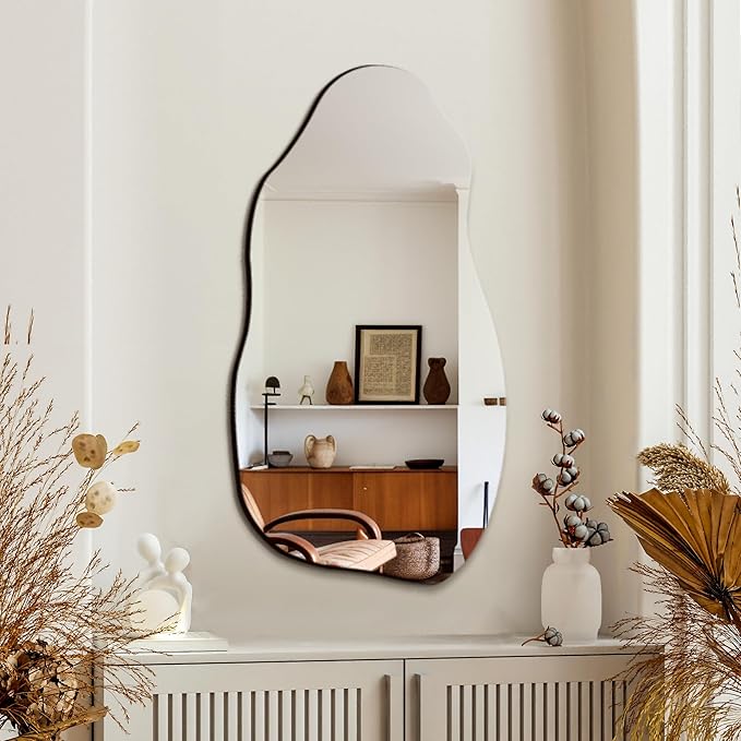 TRAHOME Irregular Asymmetrical Wall Mirror for Living Room Bathroom Entryway, Modern Decorative Mirror Hanging (Hook Style, 32'' x 18'')