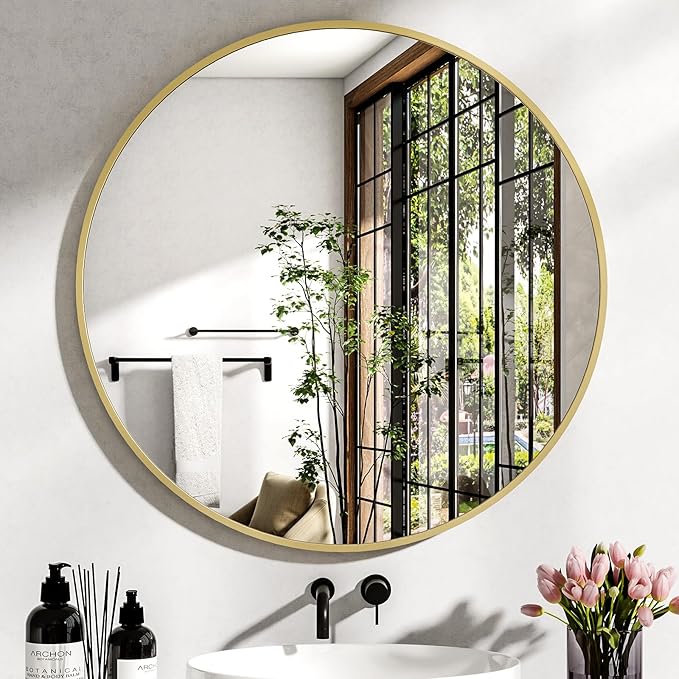 XRAMFY 36 Inch Round Mirror - Circle Mirrors for Bathroom, Entryway and Living Room Wall Decor, Modern Hanging Vanity Mirror, Matte Gold Circle Decorative Wall Mirror