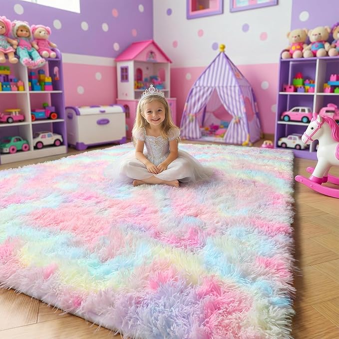 Rainbow Runner Kids Rugs for Girls Bedroom, Unicorn Room Decor, Fluffy Colorful Pastel Shag Area Rug for Baby Nursery, Soft Cute Fuzzy Kawaii Furry Plush Carpet for Playroom Preppy Dorm, 3x5 Rug Small