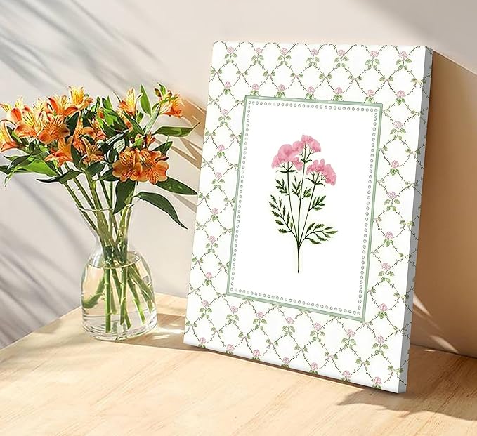 3Pcs Pink Green Floral Canvas Wall Art Wildflower Baby Room Painting Picture Wall Decor Pastel Botanical Poster Print Artwork for Bedroom Living Room Girls Bedroom Nursery Dining Room Home Decoration