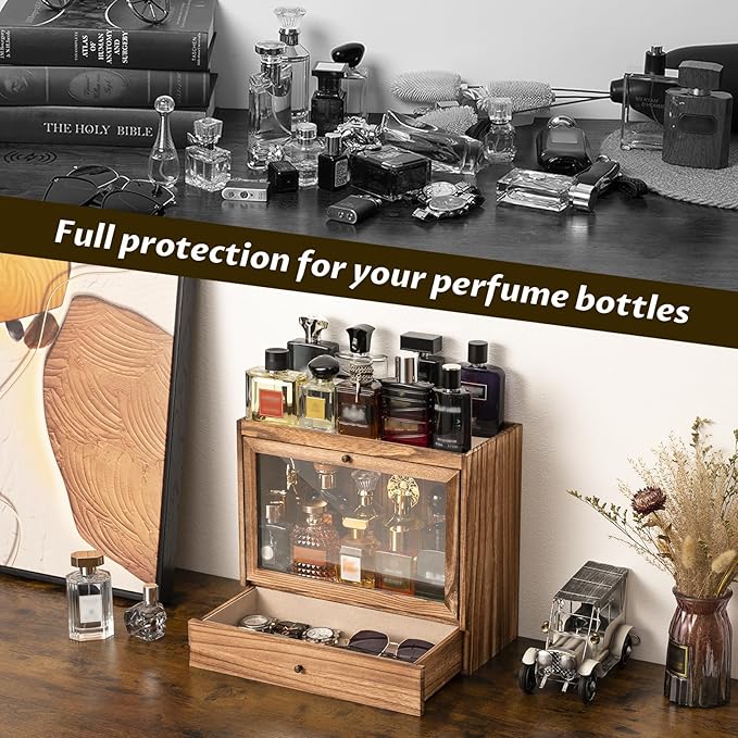 Emfogo Cologne Organizer for Men, Solid Wood Perfumes Organizer for Men Dresser, Large Capacity Dustproof Cologne Holder with Drawer Storage Perfume Stand Organizer, Ideal Gift for Loved ones