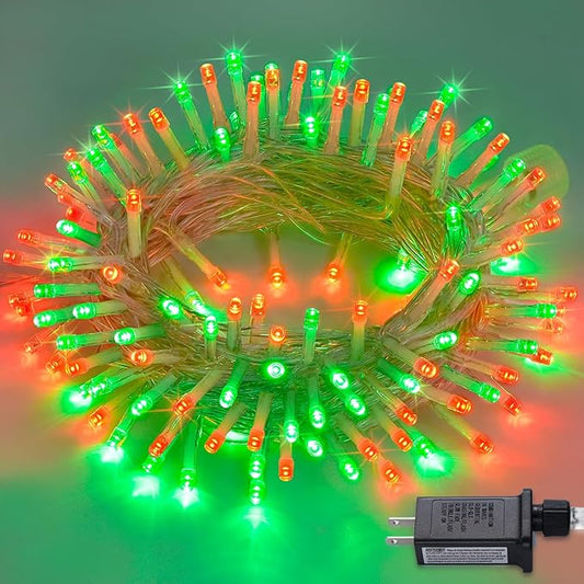 JMEXSUSS Connectable Red and Green Christmas Lights, 8 Modes 100 LED Twinkle String Lights Indoor, Clear Wire Plug-in String Lights Outdoor Waterproof