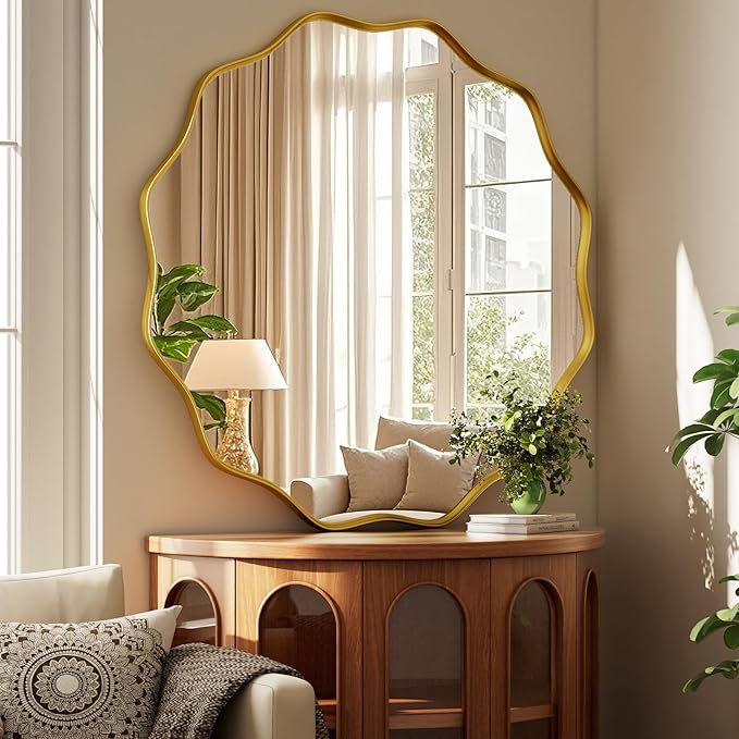 Round Wavy Mirror 42 Inch Bathroom Vanity Mirror Metal Frame Circle Wall Mounted Mirror for Bedroom Living Room Entryway Gold