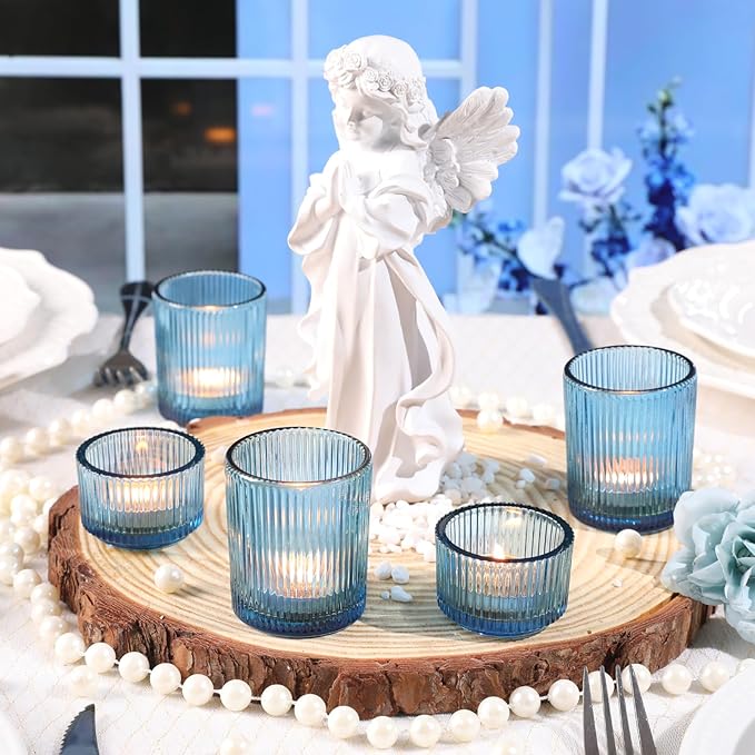 NITIME 10pcs Ribbed Blue Votive Candle Holders, Assorted Tea Light Candle Holder Glass, Blue Candle Holders for Table Centerpiece, Wedding Table Settings and Party Decorations
