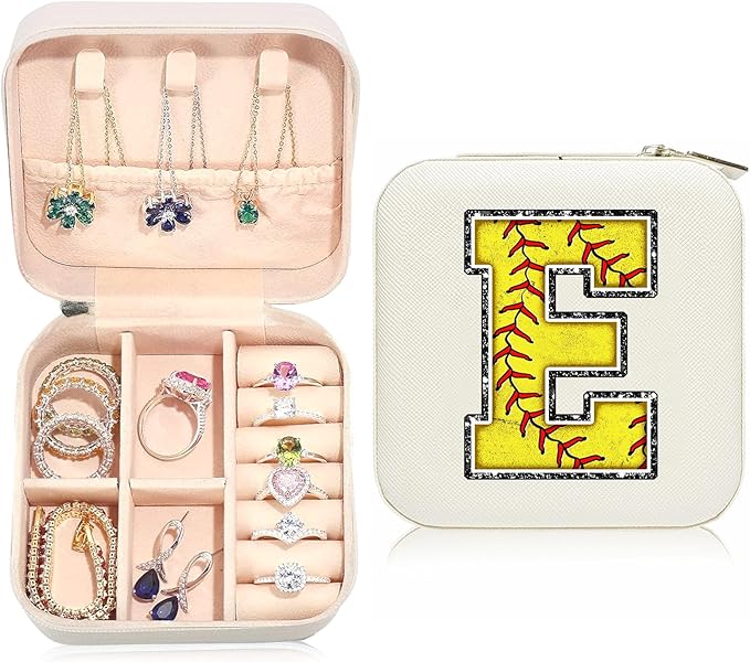 Softball Initial E Travel Jewelry Case,Valentine's Day Gift Softball Gifts for Teen Easter,Jewelry Box Personalized Softballs Accessories Letter Birthday Gifts for Players Coach Team Mom