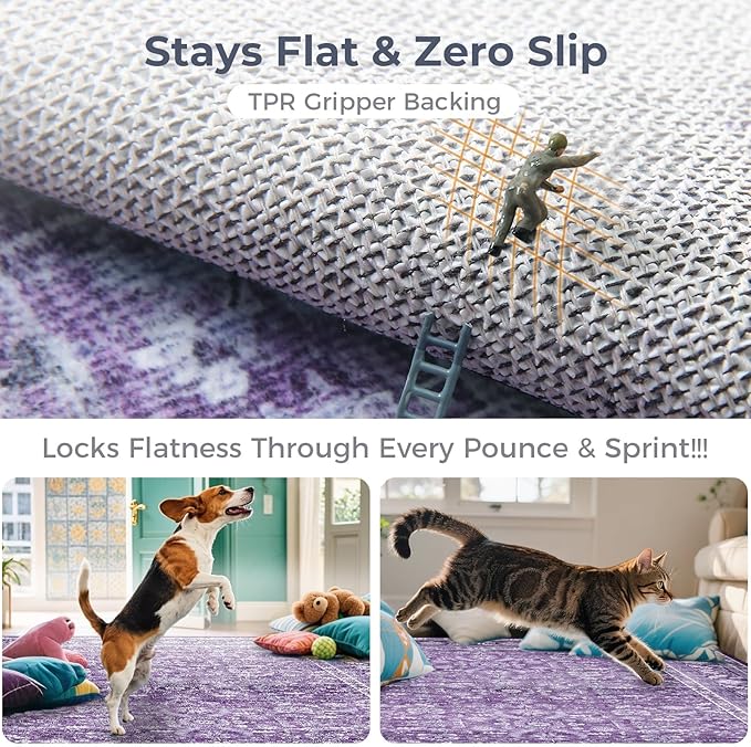 OPPODREAM Vintage Purple Area Rugs 4x6, 4 x 6 Retro Washable Rug Non Slip, Low-Pile Faux Wool Carpet, Distressed Floor Mat for Living Room, Bedroom, Kitchen, Office, Dorm, Dinning Room