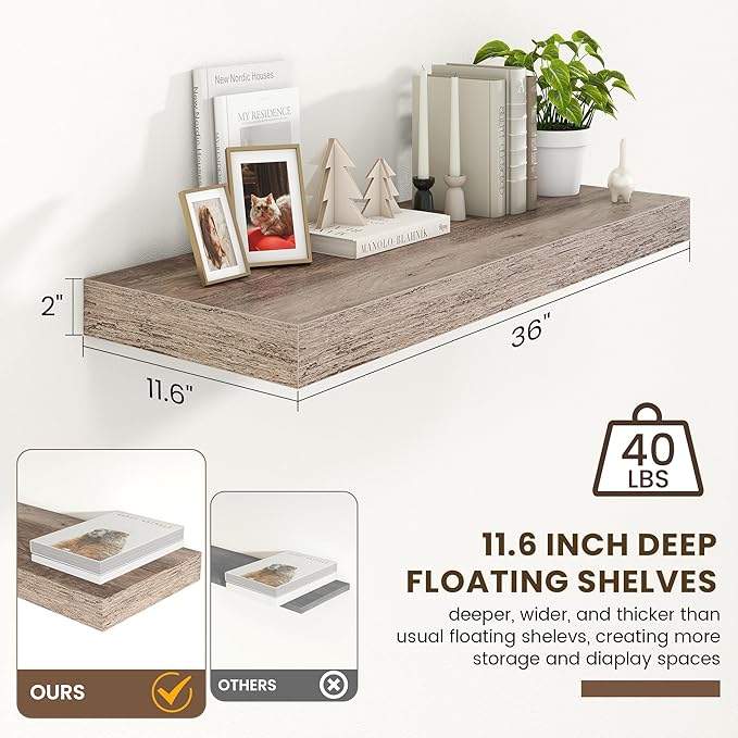 FLYJOE 12 Inch Deep Floating Shelves | 36 Inch Grey Floating Shelves | 36" W x 12" D Rustic Wood Shelves for Wall | Deep Grey Shelves for Living Room Bathroom Laundry Room Kitchen