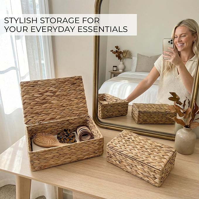 Decorative Storage Boxes with Lids - Set of 2 Beautiful Wicker Organizer Bins for Your Shelves & Home Decor - Safely Store Your Photos, Documents, and Memory Box Keepsakes in a Stylish Rattan Design